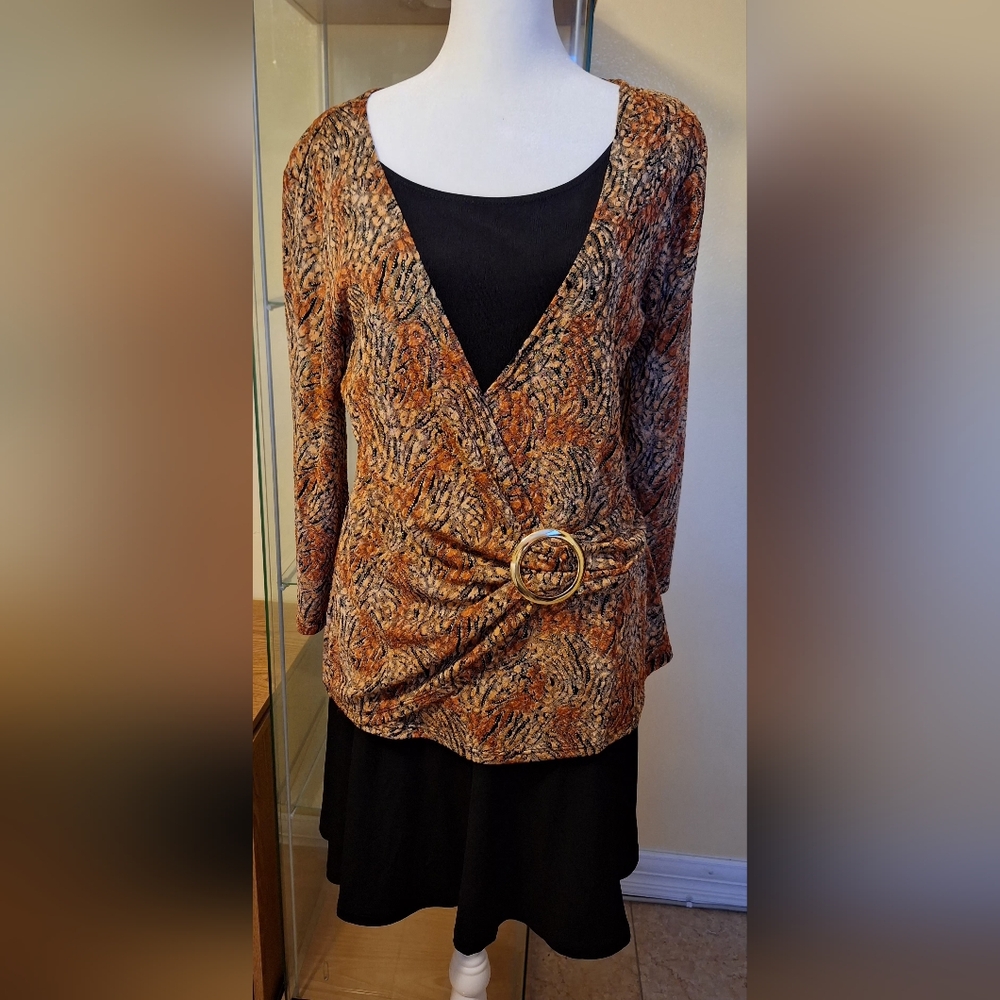 Notations Brown and Black Patterned Wrap Blouse